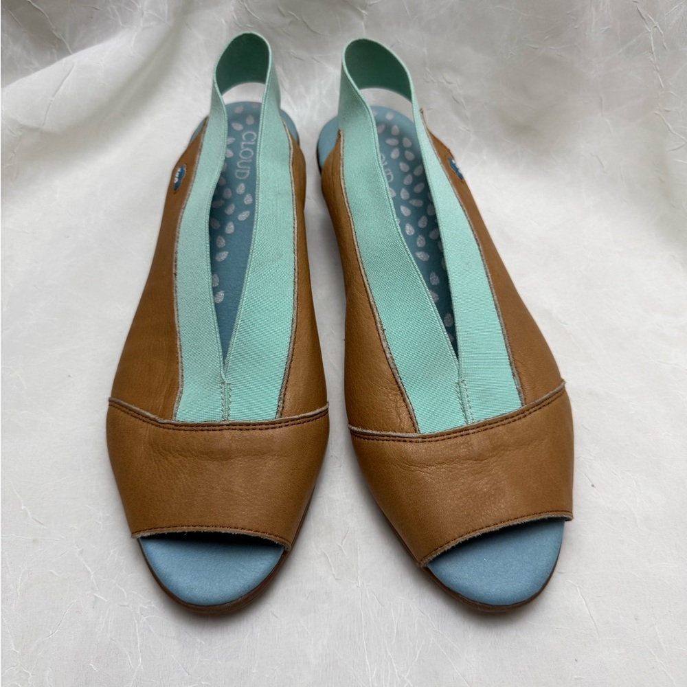 Cloud Brown & Blue Leather Slingback Sandals EU 40 Comfort Wedge Open Toe - Picture 3 of 8